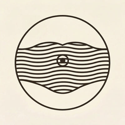 Circular logo with wavy pattern and central eye-like symbol on beige background