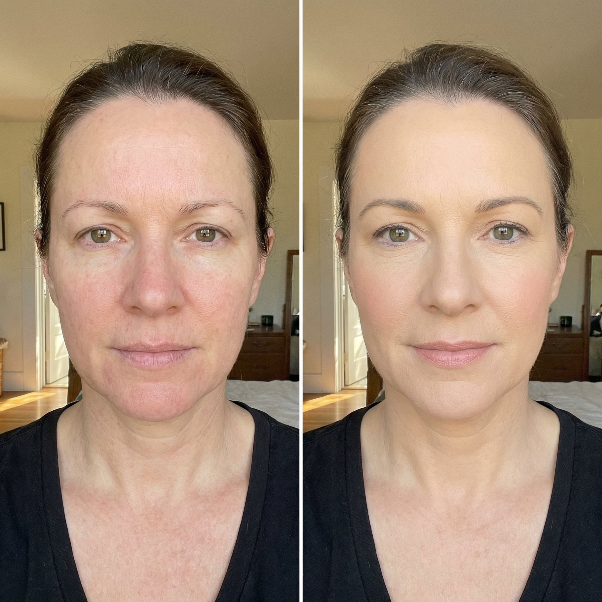 Before and after makeup comparison of a woman indoors.