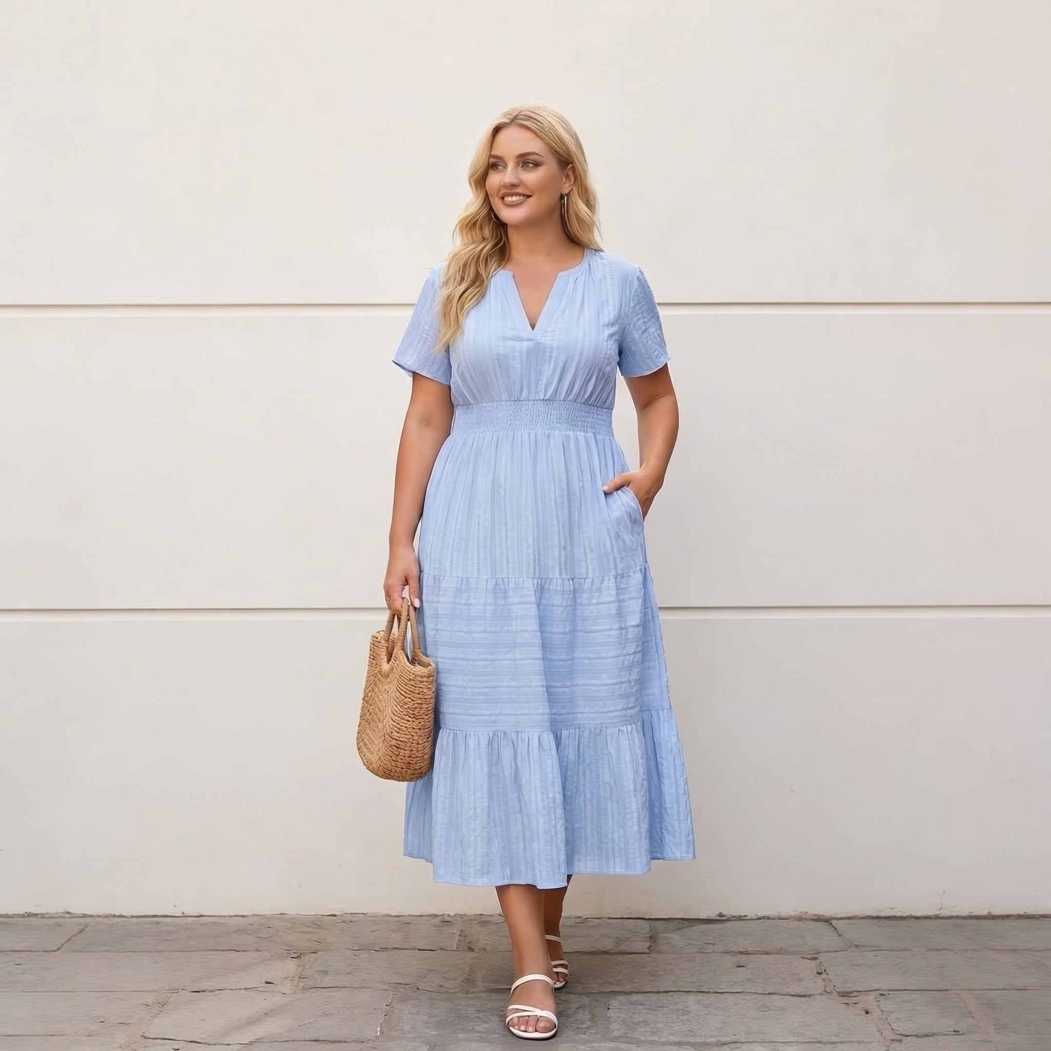 Woman wearing a light blue dress holding a straw bag against a white wall.