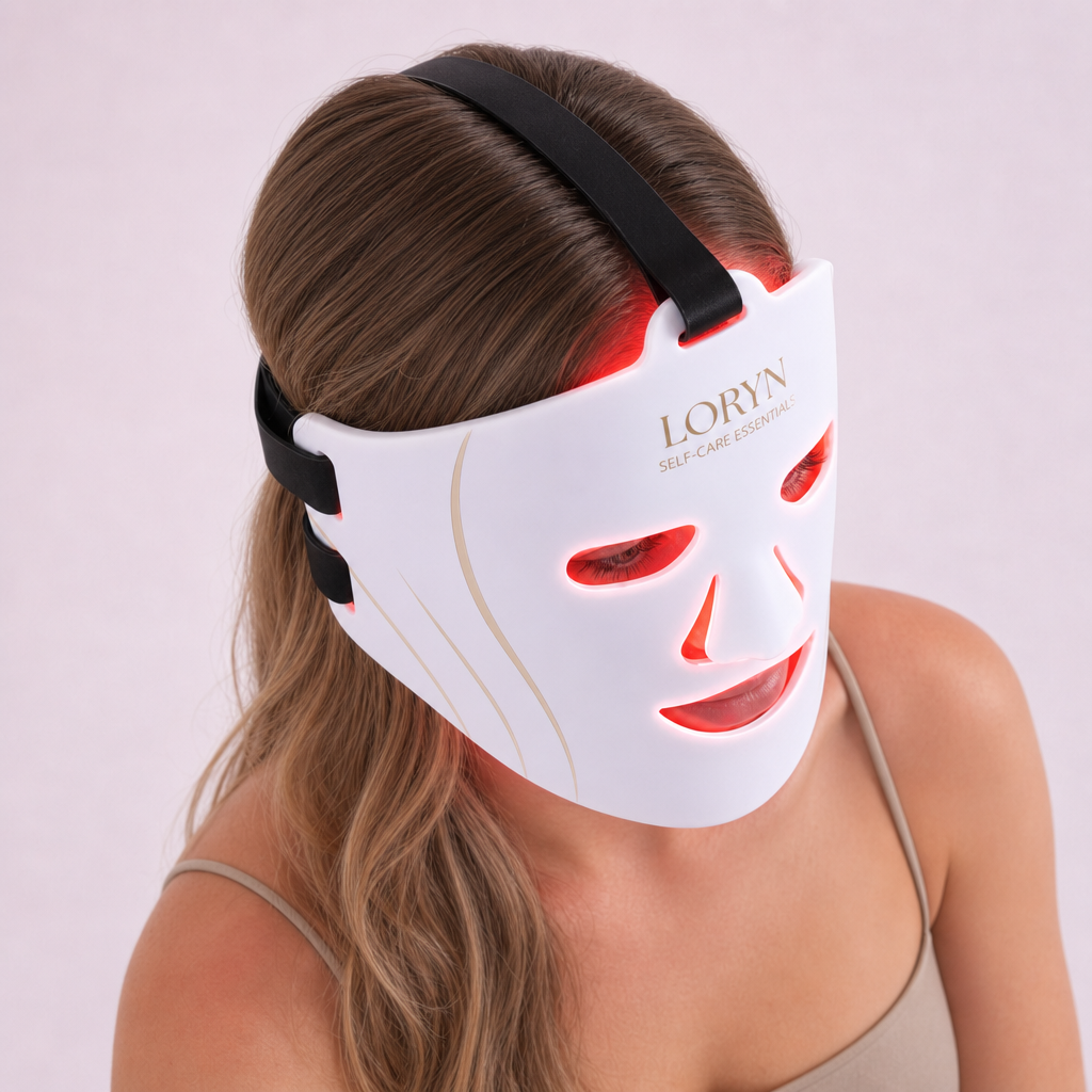 Woman wearing red light therapy mask at home