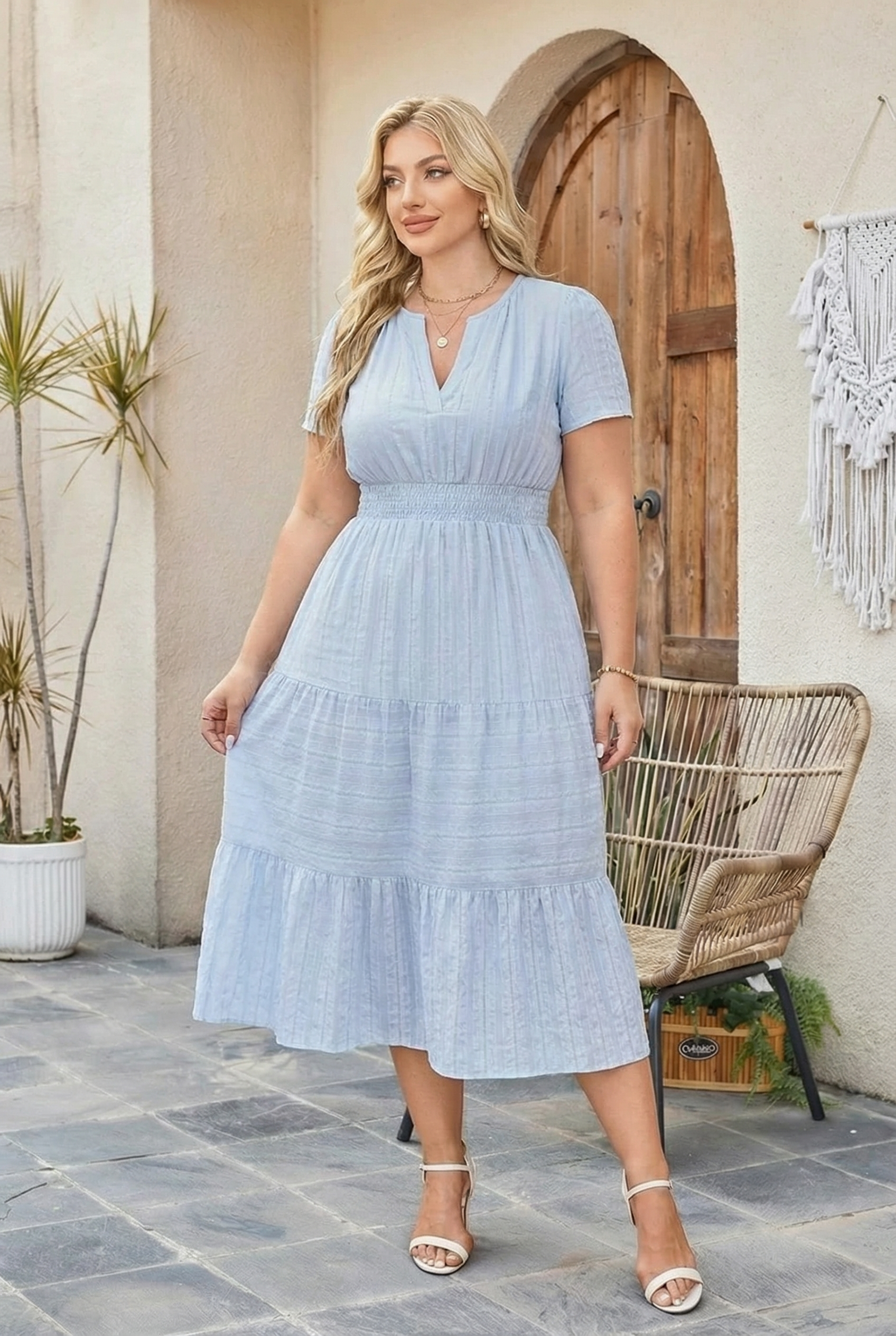 LORYN V-Neck Ruffle Maxi Dress Short Sleeve A-Line Cotton Dress for Women LORYN V-Neck Ruffle Maxi Dress Short Sleeve A-Line Cotton Dress for Women