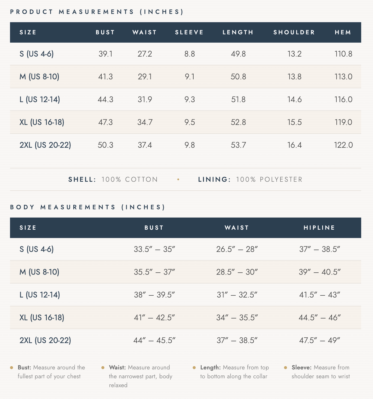 Size chart for clothing measurements including bust, waist, sleeve, length, shoulder, hem, shell, and lining details.