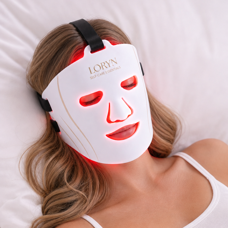 A woman lying in bed wearing a white LORYN LED light therapy face mask that glows red and orange, with white bedding in the background.